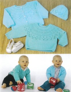 Blondestrikket sweater, cardigan og hue