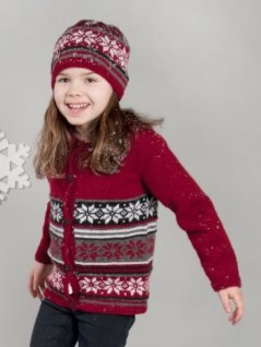 Mønstret strikket cardigan og slipover med hue