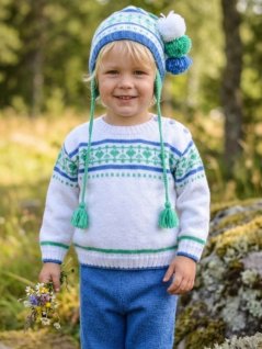 Sweater, bukser og hat