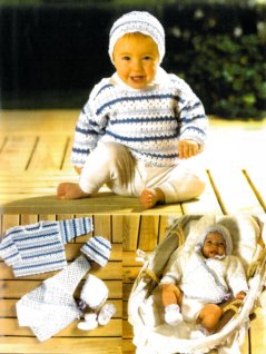 Strikpullover, hue, slå-om-cardigan, hætte og sokker