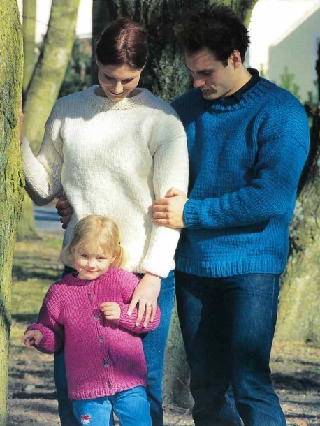 Slätstickad pullover och kofta till barn och pullover till dam - herr