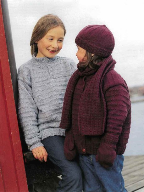 Børnepullover, cardigan, hue, vanter og halstørklæde