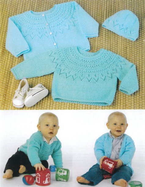 Blondestrikket sweater, cardigan og hue