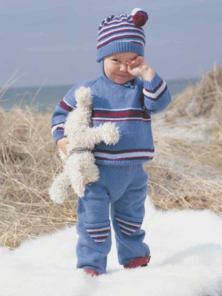 Stribet raglan sweater, cardigan, bukser, hue, vanter og sokker - Strikkeopskrifter & Hækleopskrifter - Marks & Kattens