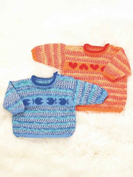 Sweater med hjerter eller fisk