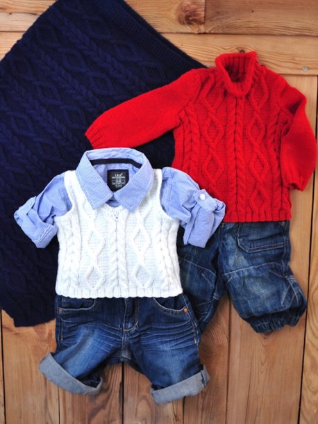 Kabelstrikket sweater, slipover og tæppe