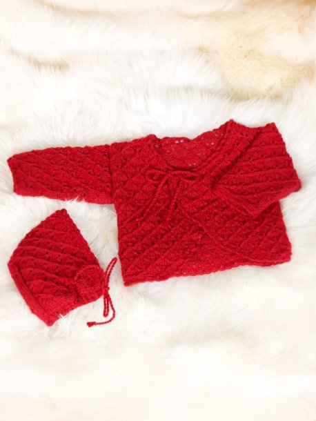 Wrap-cardigan, hue i hulmønster og med hæklet kant