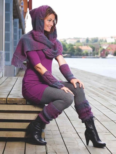 Kabelstrikket tørklæde hætte, håndleds- og benvarmere