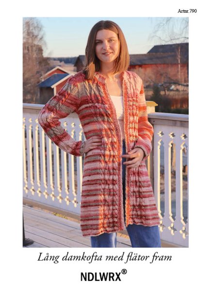 Lang damecardigan med fletninger foran