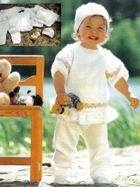 T-shirt, volangjumper, tajts, kofta, mössa och väst