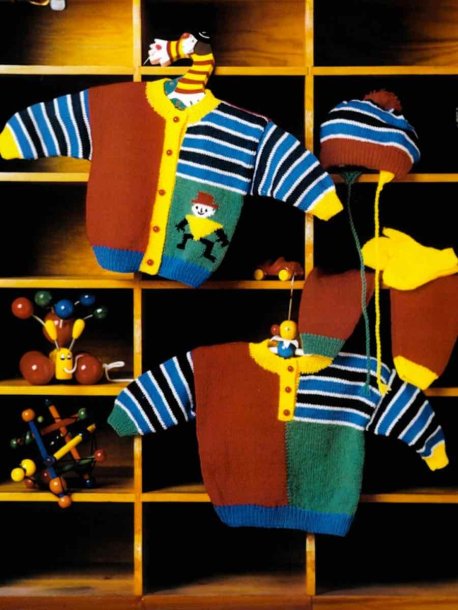 Sweater, cardigan, bukser, hue og vanter