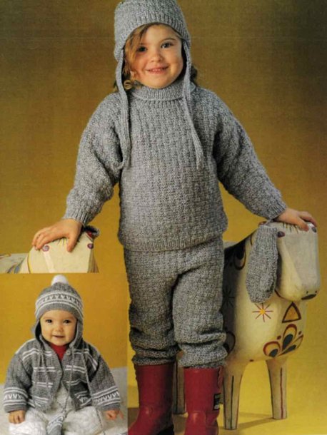 Cardigan, huer, vanter, sweater og bukser